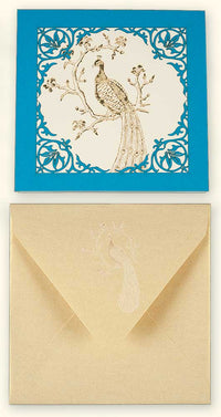 G504 Peacock Laser Engraved Card with gold colored envelope