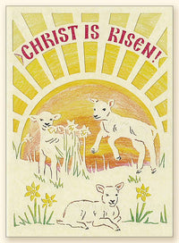 G131 Christ is Risen and Lambs Laser-cut Pascha card.  A laser cut design of lambs frolicking  in the sunrise, with "Christ is Risen!" above.
