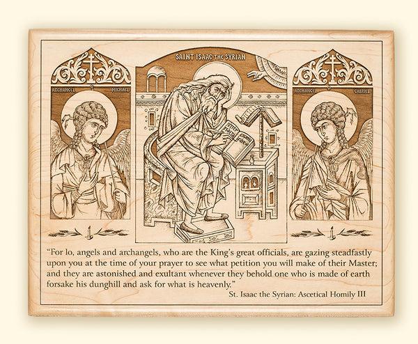 St Isaac the Syrian with Archangels Michael and Gabriel - Laser Engraved Icon