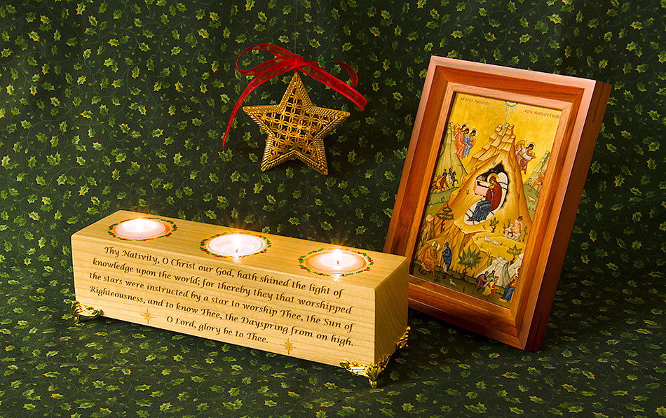 Wooden Laser Engraved Triple Tealight Holder - Nativity