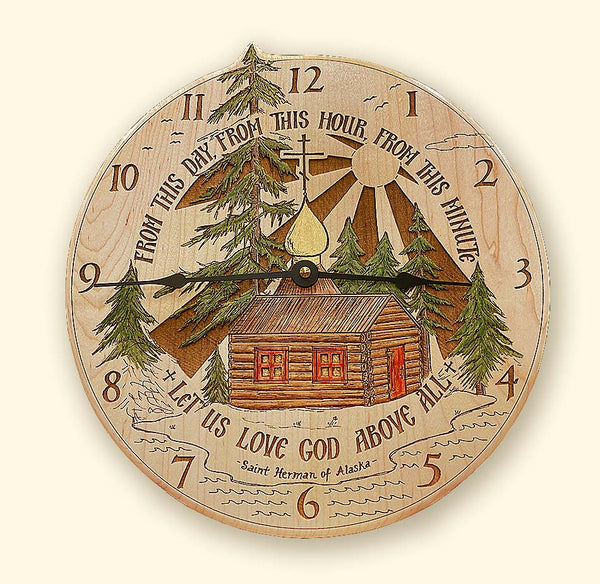 St. Herman Laser-engraved Maple Wood Clock